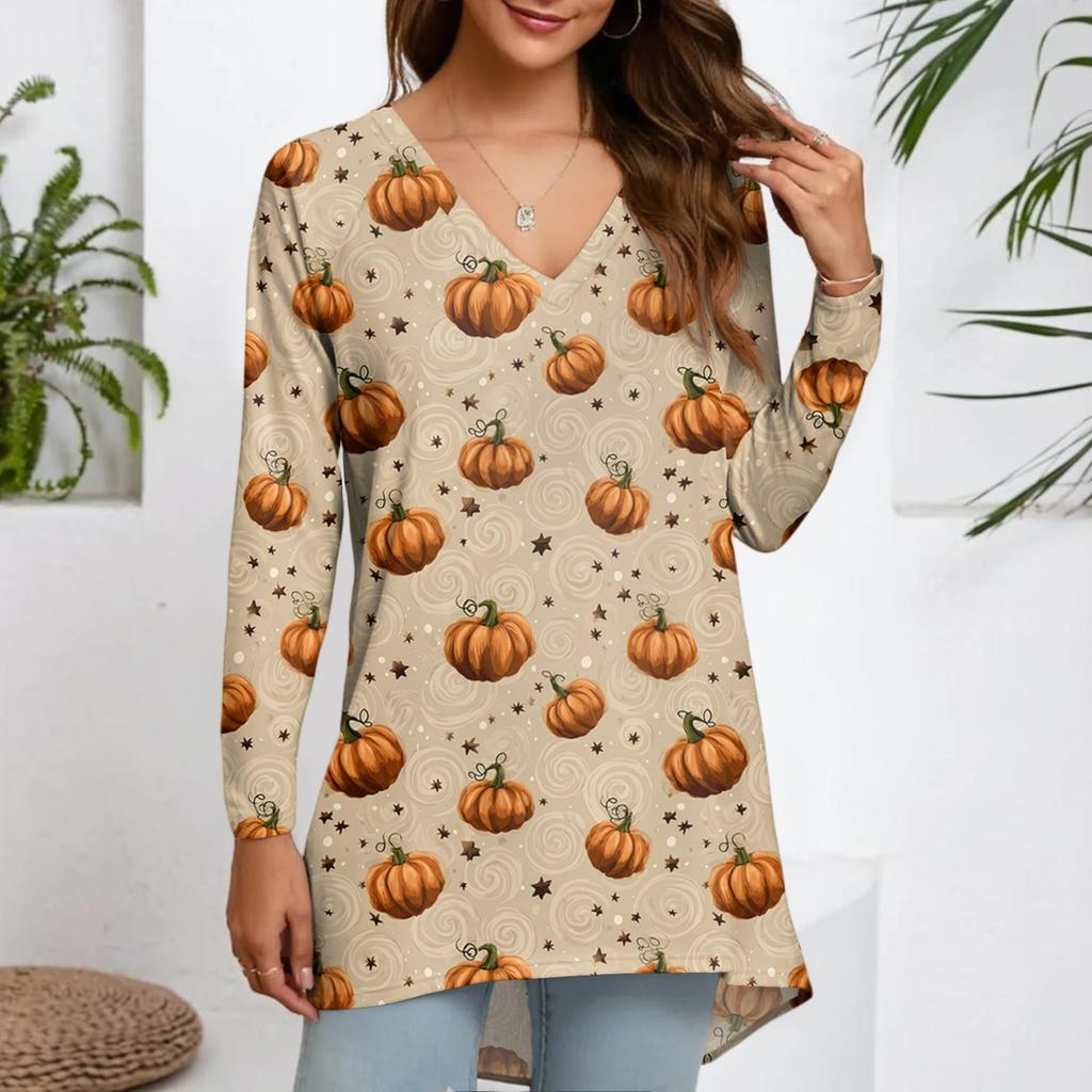 Dámské módní a ležérní tričko s halloweenským potiskem, s dlouhým rukávem, výstřihem do V, středně dlouhé