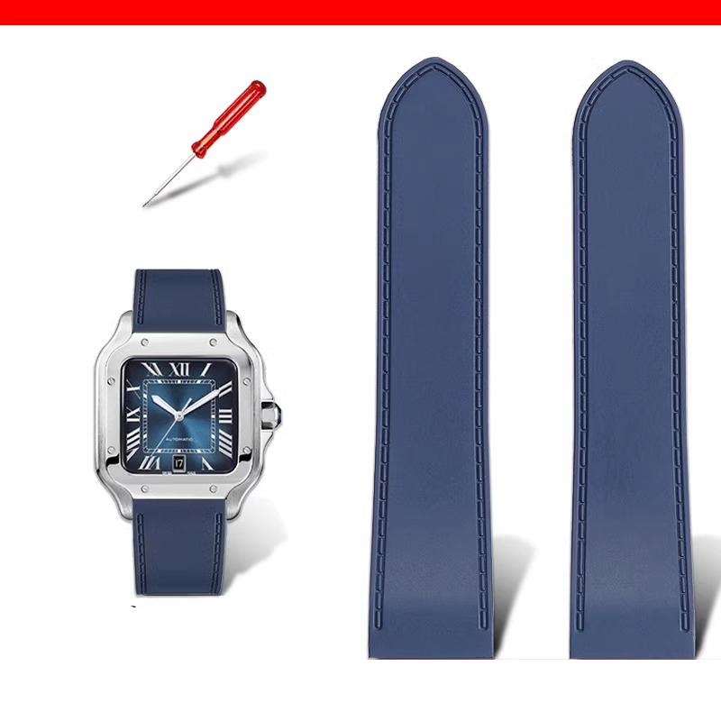 

23 мм 25 м Для Cartier santos100 Santos силиконовый каучуковый ремешок для часов santos 100 Металлическая пряжка ремешок для часов мужской Черный синий мягкий браслет 23mm