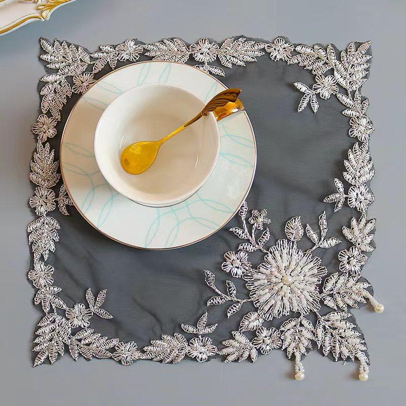 Table Surface decoration and accessories black bead flower embroidery table place mat cloth coaster Wedding Christmas placemat kitchen for Home
