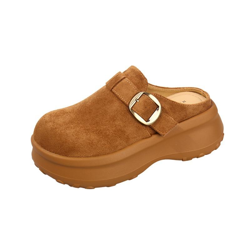 Cowhide version thick-soled heightened bag head half slippers women wear autumn new one-pedal single shoes