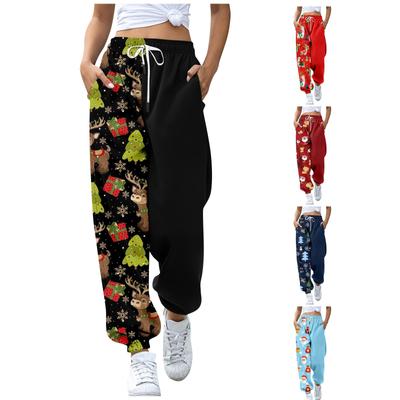 Women's Christmas  Print Casual Pants Drawstring Elastic Waist Drawstring Pants WIth Pockets