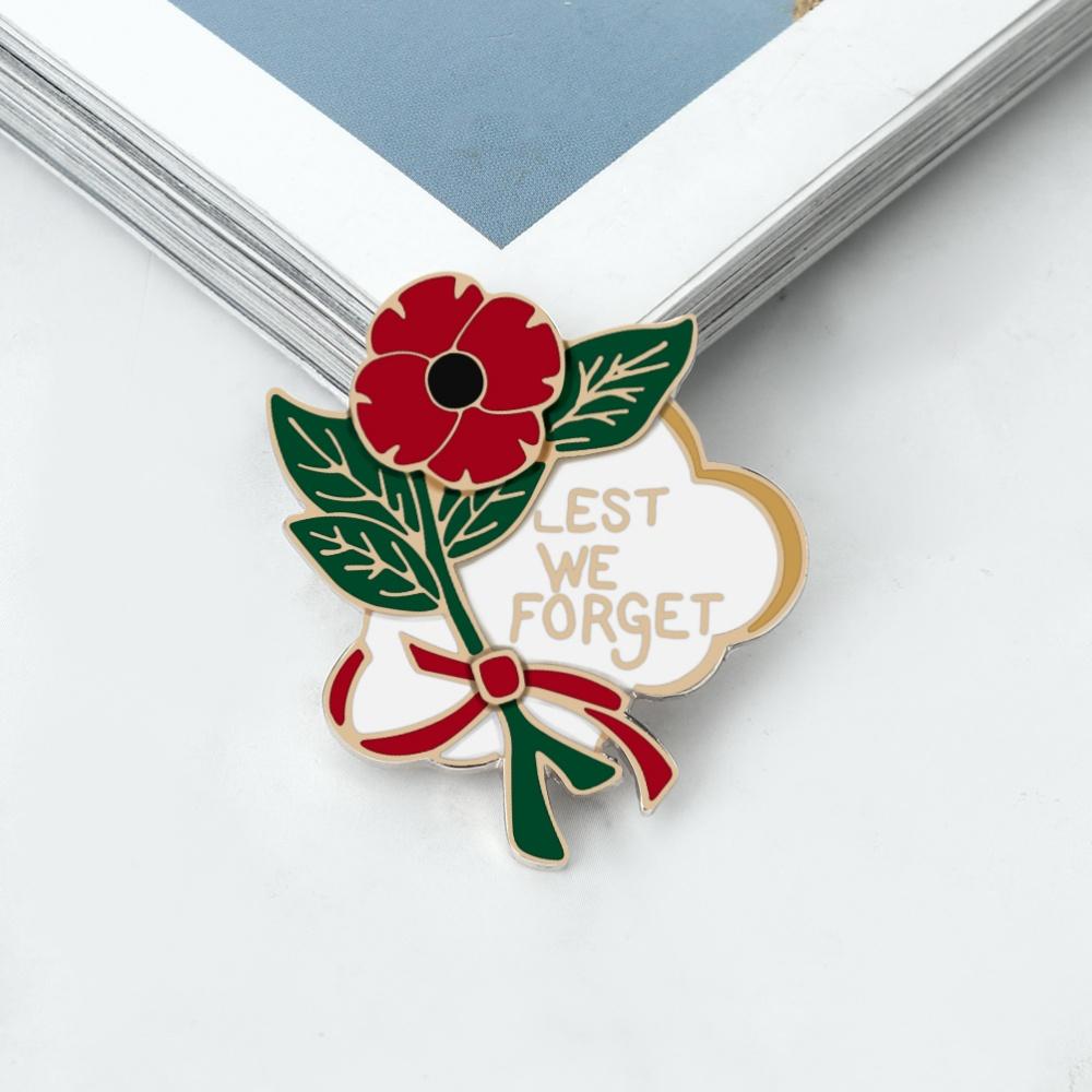 Flower Red Poppy Enamel Pin Letter LEST WE FORGET Vintage Brooches for Women Men Lapel Backpack Badge Memorial Day Gifts Jewelry