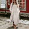 Women's Ound-neck Pleated Skirt With Pockets, Long-sleeved Cotton And Linen Dress