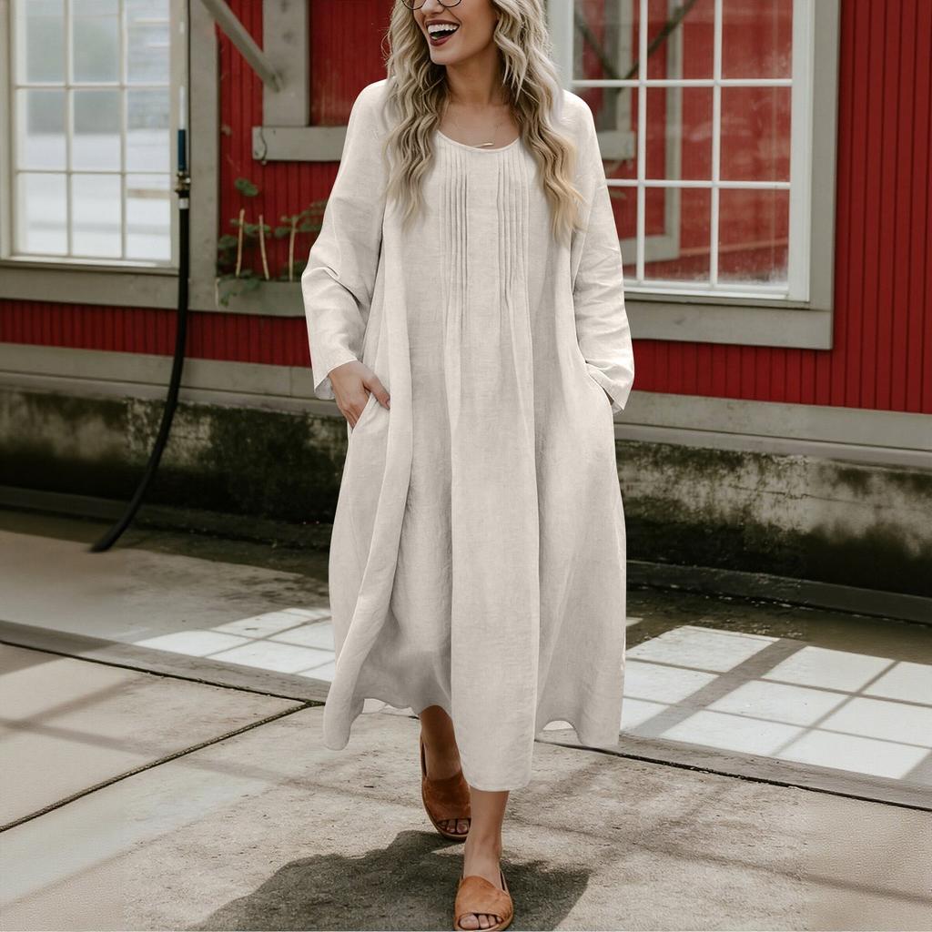 Women's Ound-neck Pleated Skirt With Pockets, Long-sleeved Cotton And Linen Dress