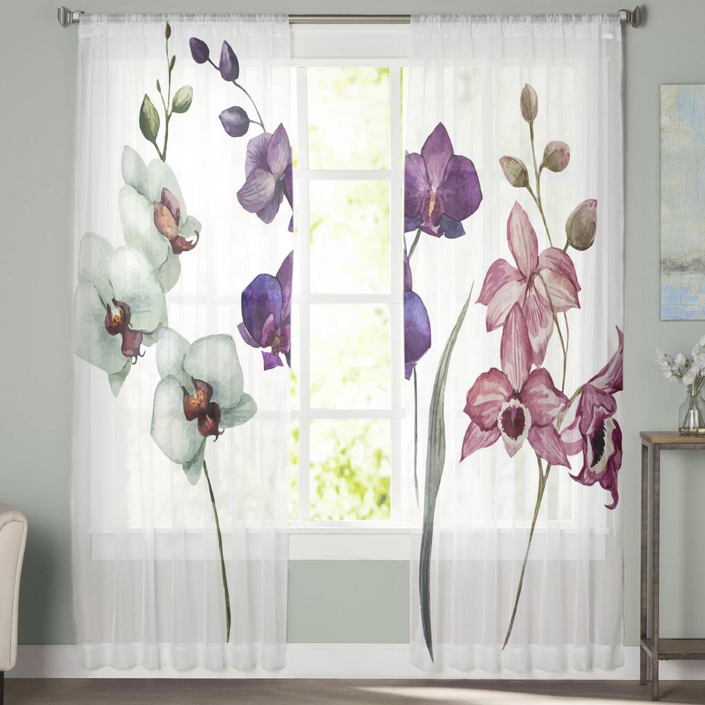 Modern Sheer Curtains Flower Orchid Watercolor Living Room Kitchen Children's Room Decoration Household Chiffon Window Curtains