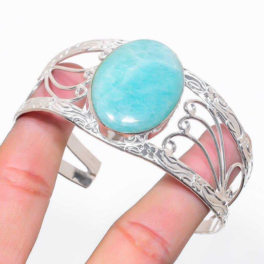 Natural Amazonite Gemstone 925 Sterling Silver Cuff Bangle Adjustable r6p56