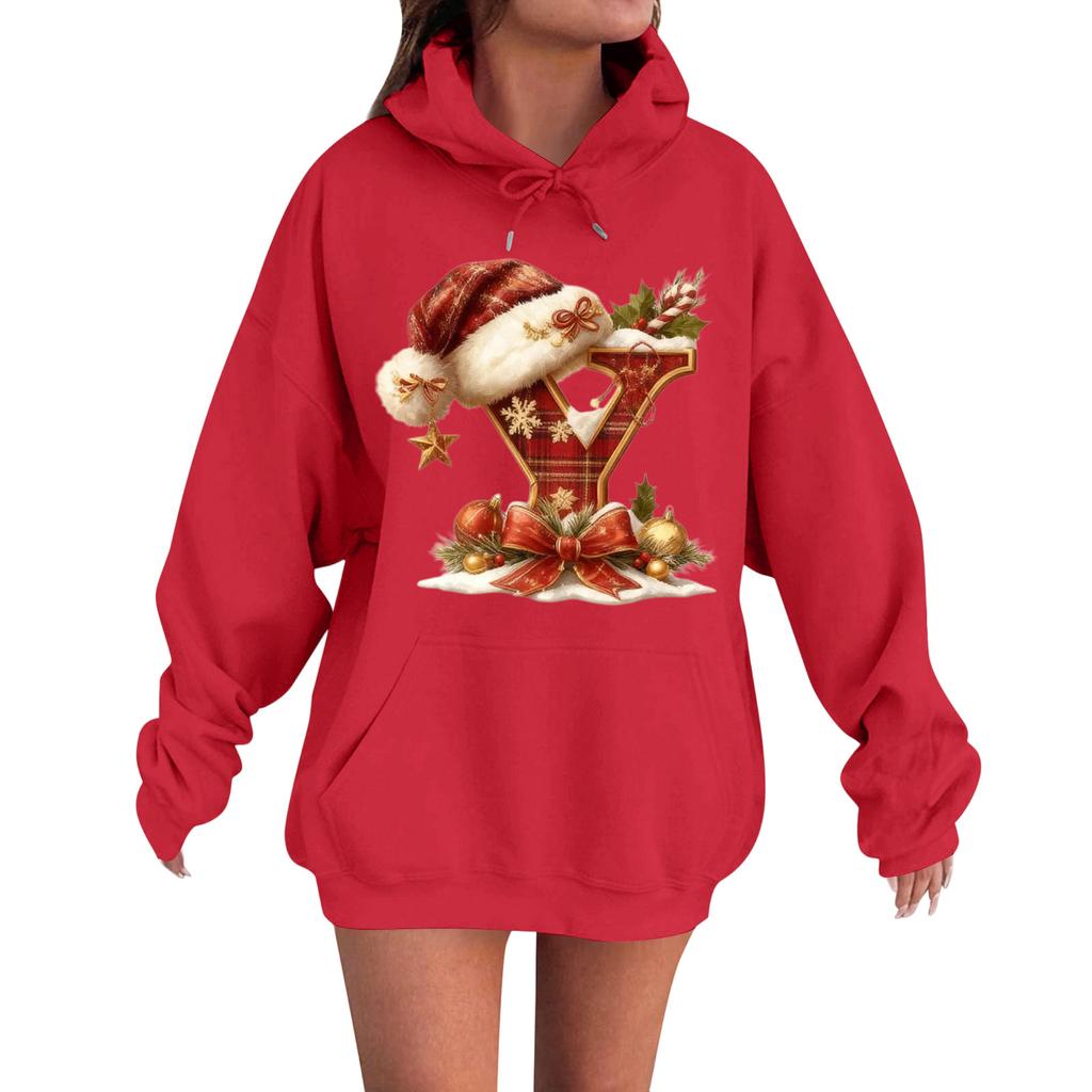 Women's Casual Comfortable Long-Sleeved Christmas Letter-Printed Warm Hooded Crew-Neck Sweatshirt
