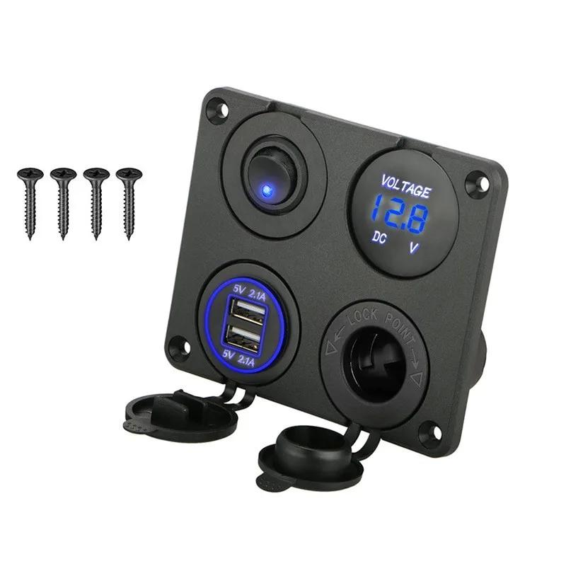 Car Charger 12V USB Panel Socket 4 in 1 Dual USB Charger with Rocker Switch Car Cigarette Lighter Digital Voltmeter for Car RV