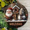 Christmas Wooden Welcome Sign with Santa Claus & Snowman Pattern - Navidad Round Sign for Front Door, Wall Hanging Decor - Ideal Christmas Gift