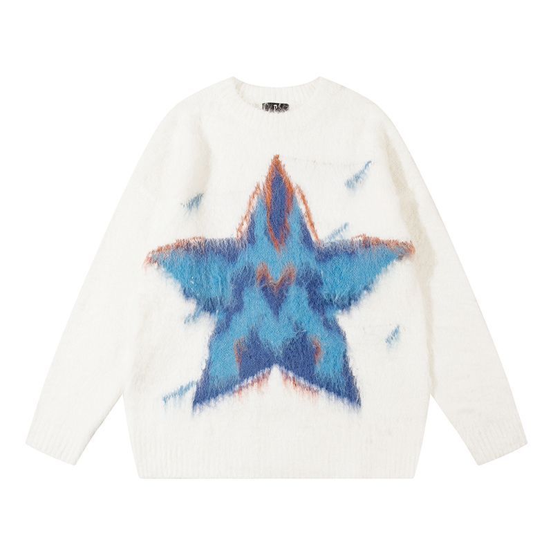 Women Pentagram White Sweater American Loose Round Neck Woman Knitted Sweaters Winter Versatile Comfortable Female Top