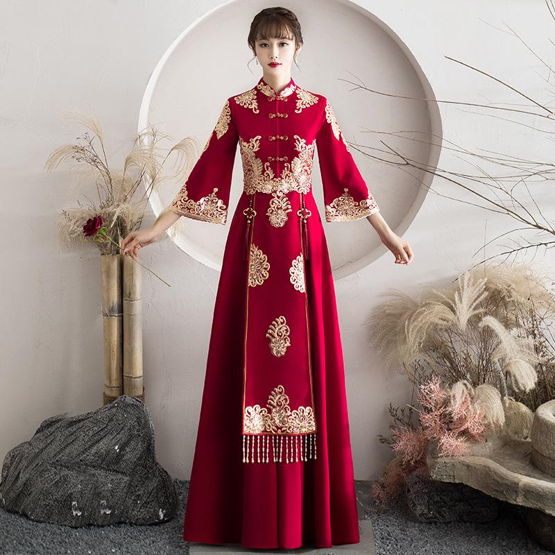 2025 High-End Red Chinese-Style Bridal Qipao Xiuhe Dress with Long Sleeves