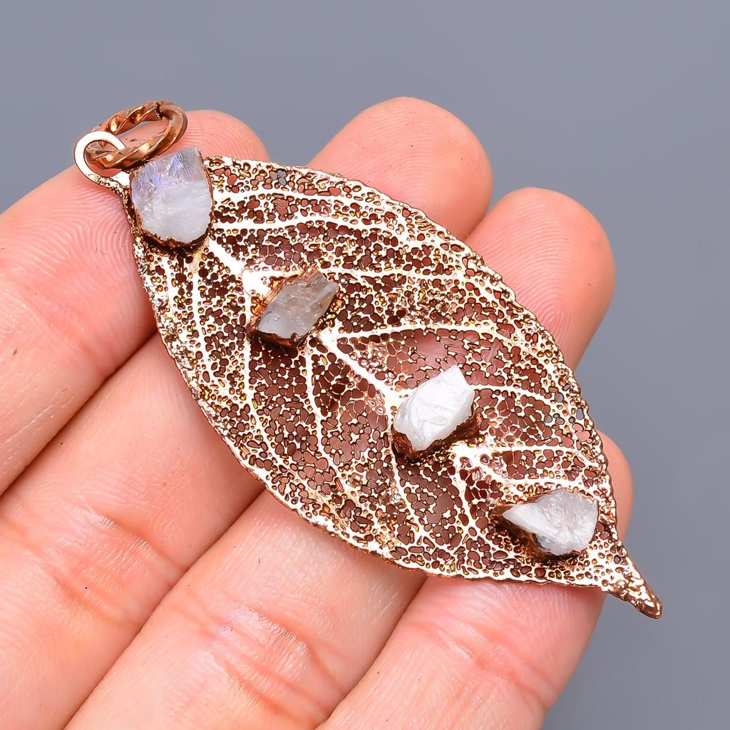 Rainbow Moonstone Rough Gemstone Copper Electroformed Handcrafted Ethnic Pendant V-38