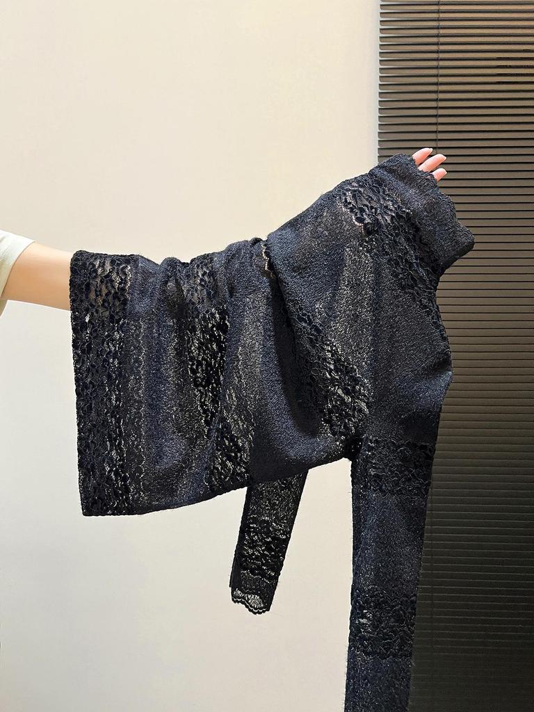 Gradient Lace High-Neck Long Sleeve Top - Chic Autumn/Winter Layering Cover-up