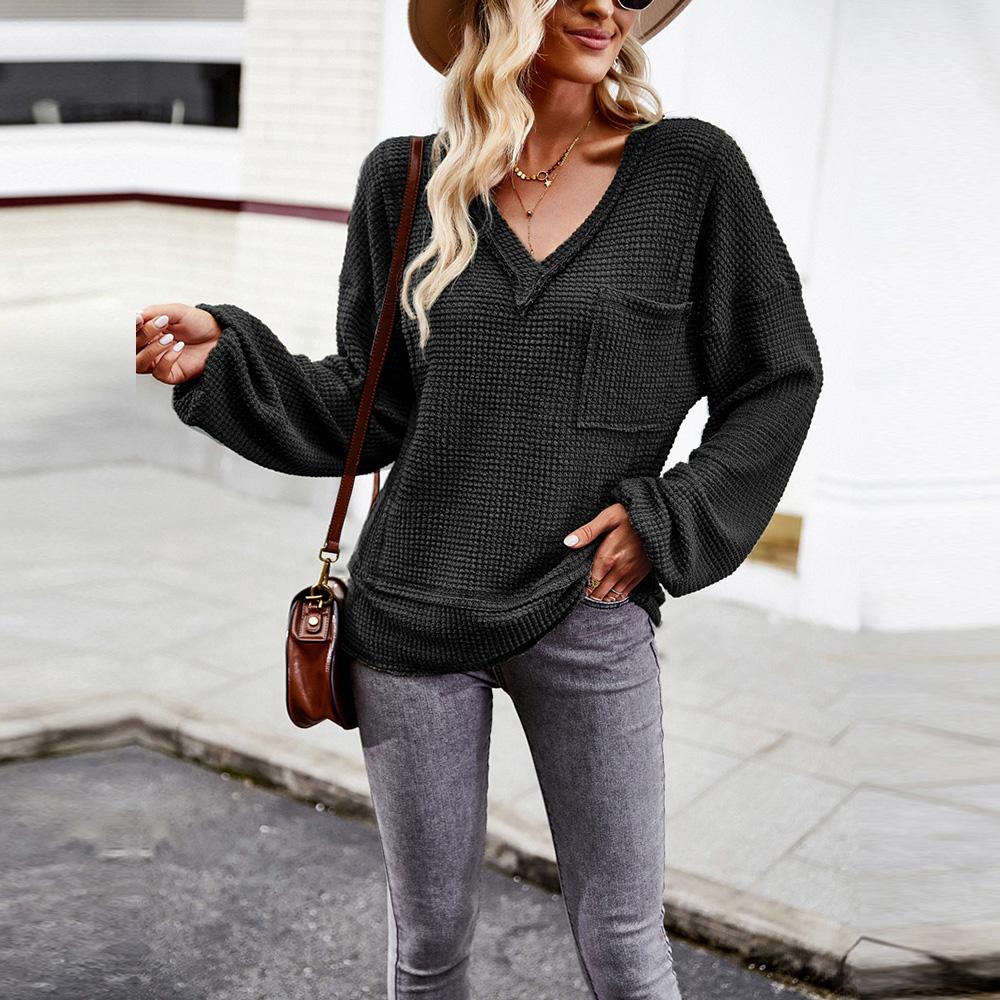 Women Autumn Winter Long Sleeve V Neck Solid Color Knit Top Sweater