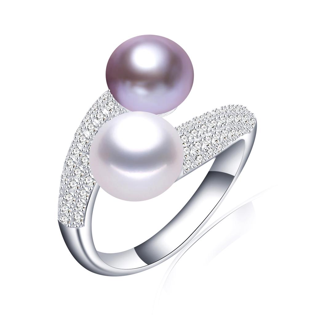 New Double Pearl Adjustable Natural Freshwater Pearl Original 925 Silver Zircon Women's Ring Fine Bridal Jewelry