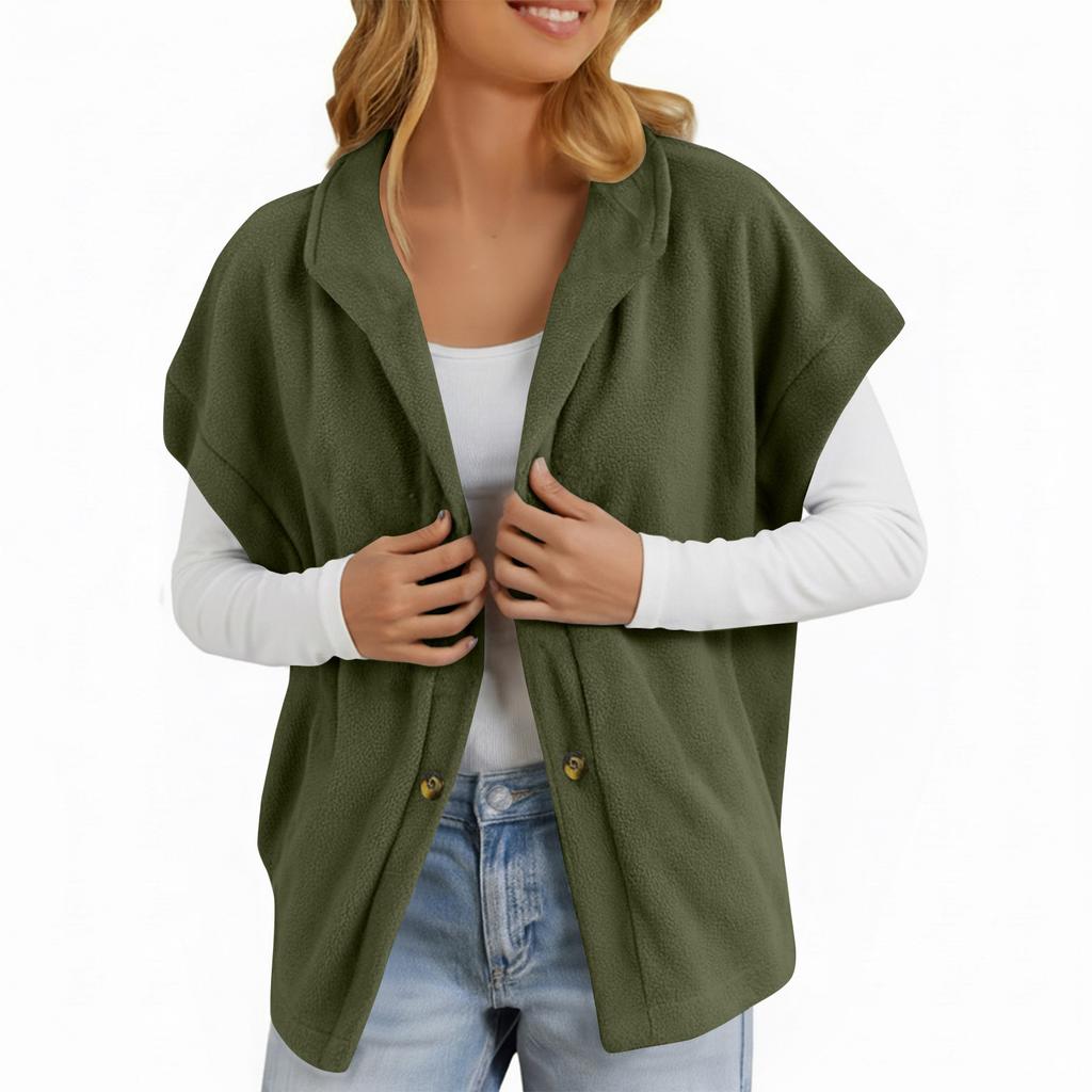 Damen Flauschige Fleeceweste, lässige, übergroße, warme Weste mit Knopfleiste und Taschen