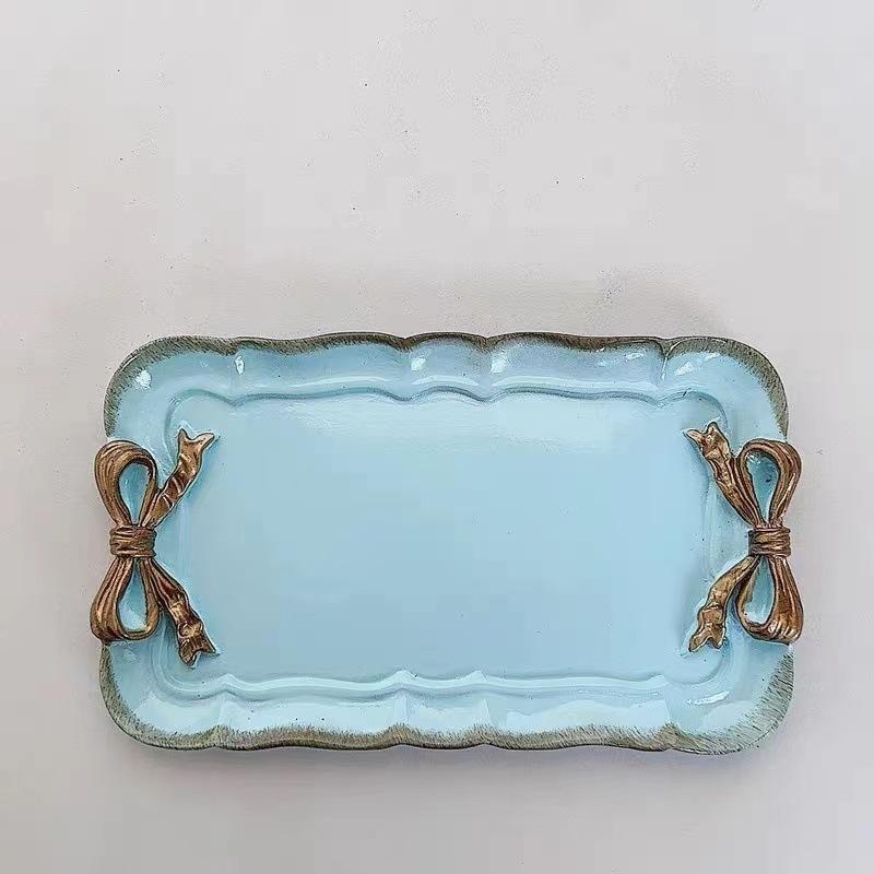 Jewelry Storage Tray Vintage Bow Decorated Resin Plate Snack Dessert Tray Cute Home Bedroom Decor