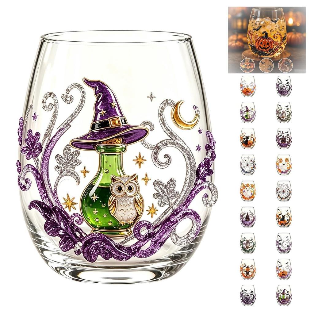 2D Halloween Artisan Glassware Collection, Drinking Glasses with Raised Pumpkin Ghost Black Cat Web Design, Spooky Clear Cups for Cocktails Juice