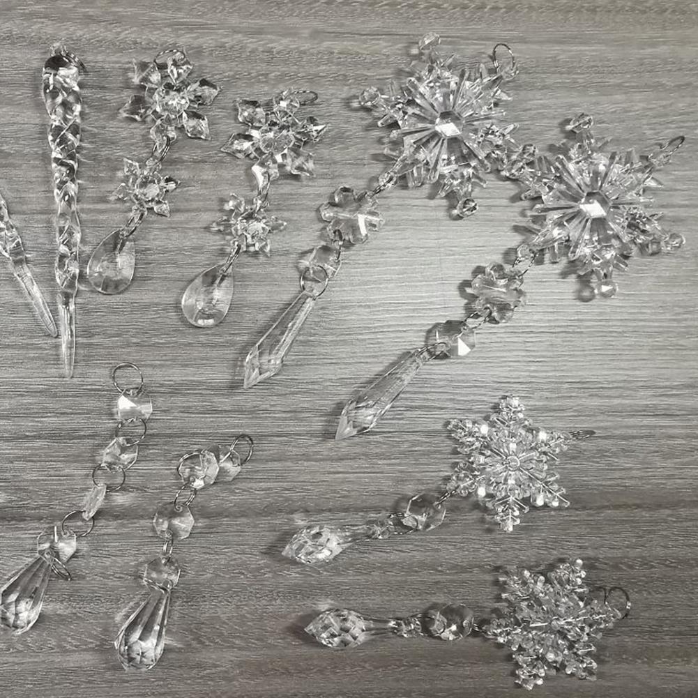10 PCs Christmas Tree Decoration Crystal Ornaments Hanging Acrylic Snowflake Icicle Ornaments For Christmas Tree Winter New Year Party