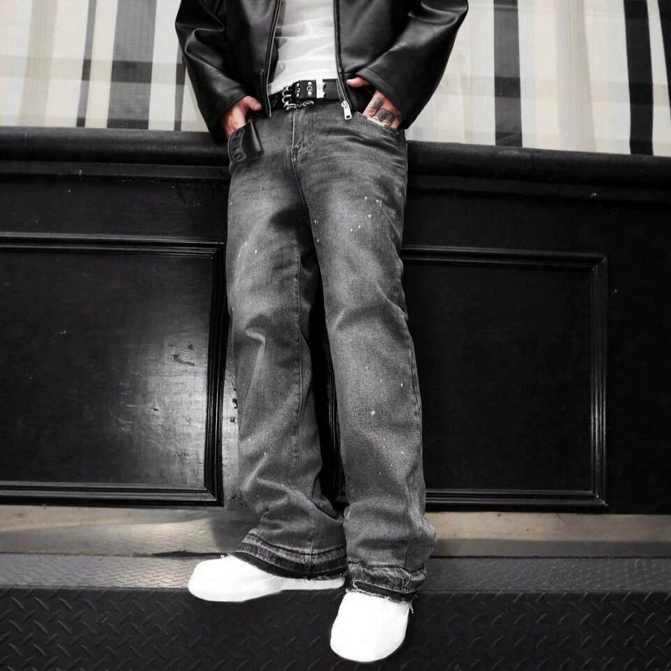 Popular American Retro Washed Old Gray Ink Splashing Scimitar Jeans Men's Trendy Brand Loose Wide-leg Pants