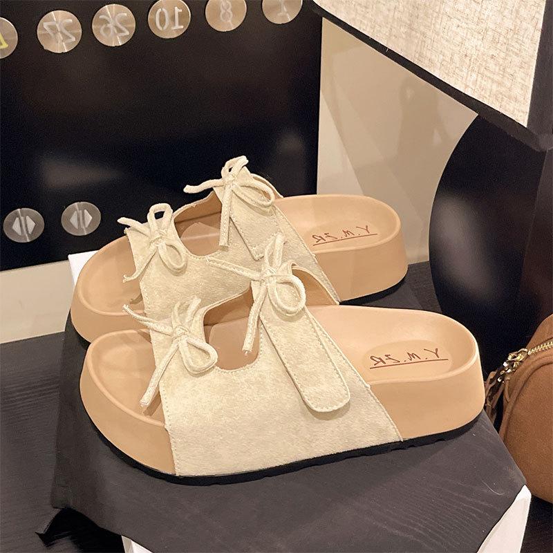 

Thick-bottomed cool slippers women s summer outer wear 2025 new soft-bottomed slippers with skirts fairy French bow one-word slippers 40 бежевый