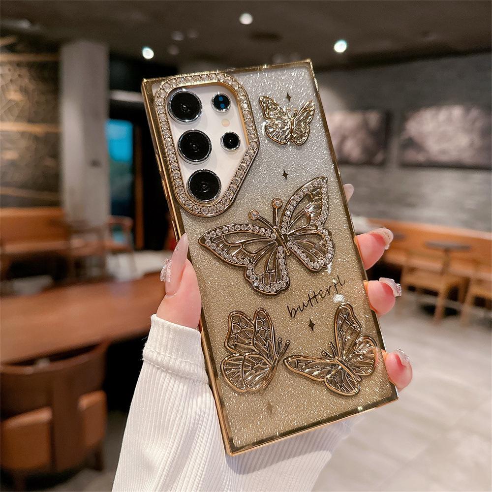 Electroplating Butterfly Applies To Samsung Samsung S25Ultra with Drill Point Drill S24 Glitter Gradual Change Mobile Phone Case A26
