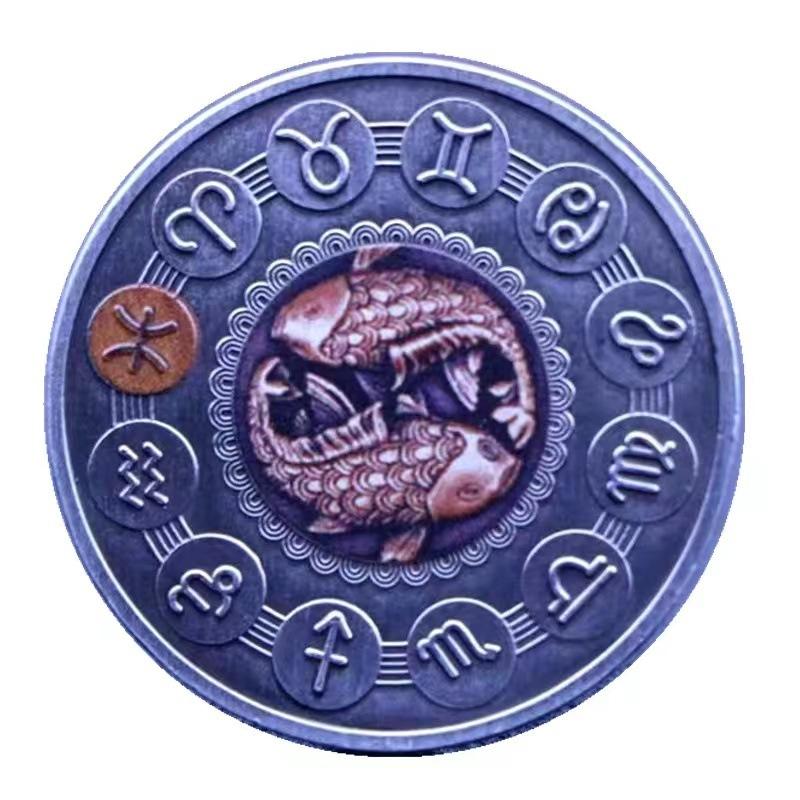 Twelve zodiac dual color commemorative coin, nickel ancient silver coin, sun and moon god, wish, angel, birthday gift, Christmas gift