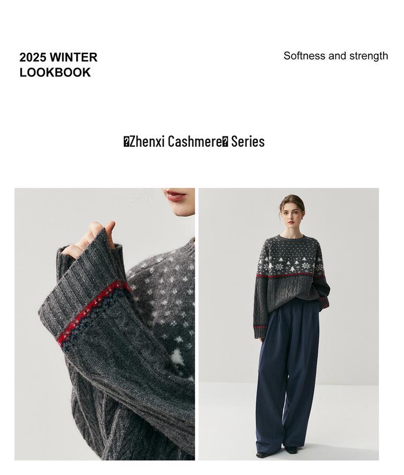 Women's Cashmere Snowflake Drop-Shoulder Sweater - Warm, Super Thick Crew Neck for Autumn/Winter