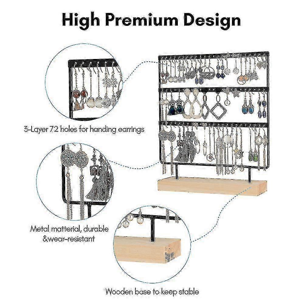 3-Tier 72-Hole Earring Stand, Wooden Base, Jewelry Display Storage Rack
