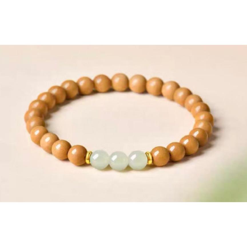 Natural old peach wood double-loop bracelet for men and women, new Chinese style Hetian jade fortune charm, versatile traditional Chinese style Peach wood and Tianyu jad
