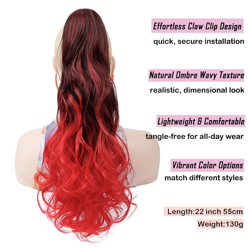 Klammer-Zopfverlängerungen Ombre Gewellt Synthetisches Haarteil Schwarz Grau Blau Rot Farbe Haare für Frauen Sofortiges Volumen Täglich Party