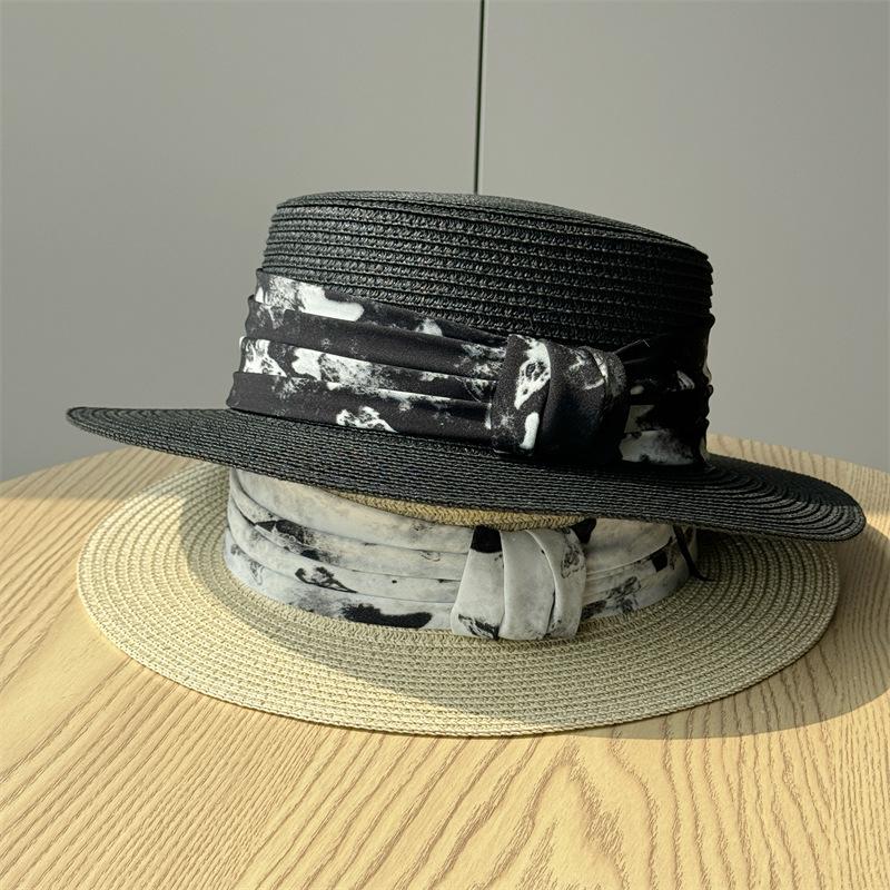 New French-style Fashion Straw Hat with Flat Brim for Women, Summer Seaside Flat-top Straw Hat, Beach Vacation Sunshade and Sun Protection Hat