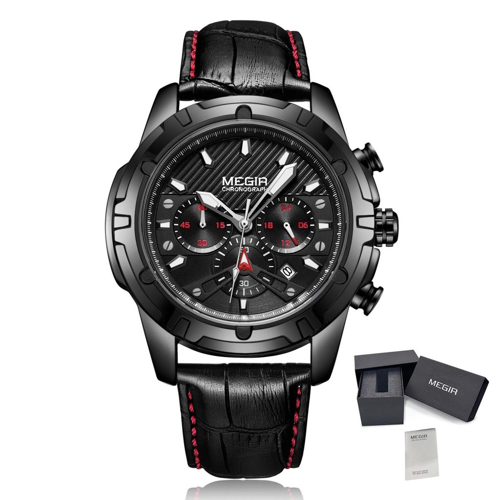 MEGIR Fashion Sport Watches for Men Luxury Military Quartz Wristwatch Leather Waterproof Man Chronograph Clock Relogio 2102