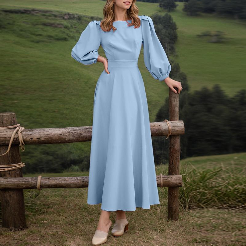 ZANZEA Dame Fritid Rund Hals Løs Puff Langermet Ensfarget Kjole