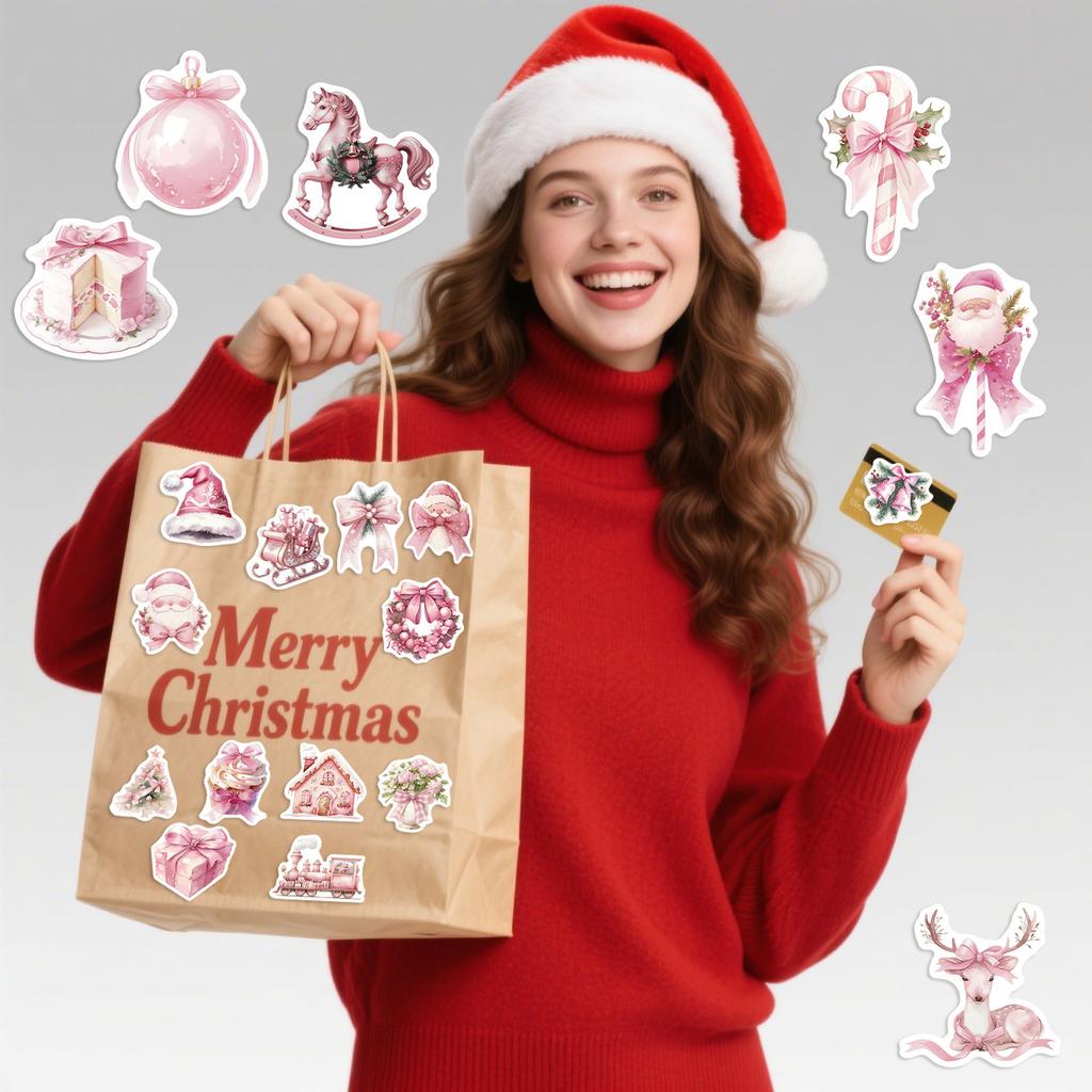 50 Cartoon Pink Christmas Doodle Stickers Decorate Guitar Notebook Suitcase DIY Waterproof