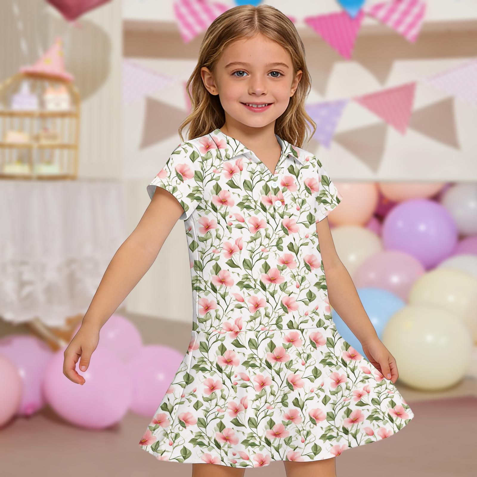 

Girls Short Sleeve Polo Dress Floral Print Casual Dress with Pockets Lightweight Comfortable Fit for Everyday Wear 130