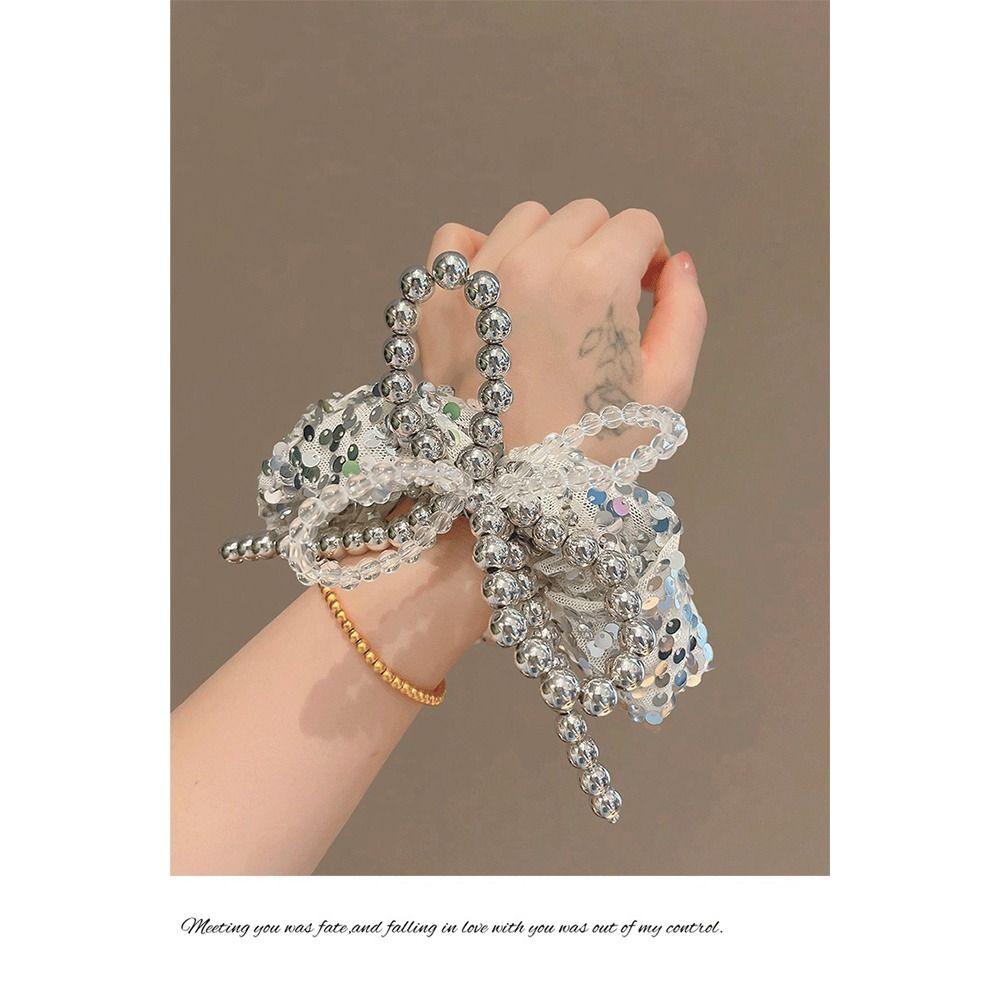 Silver Elastic Hair Tie Beaded Hair Bands 2025 New Bowknot Hair Scrunchie  for Women Girls