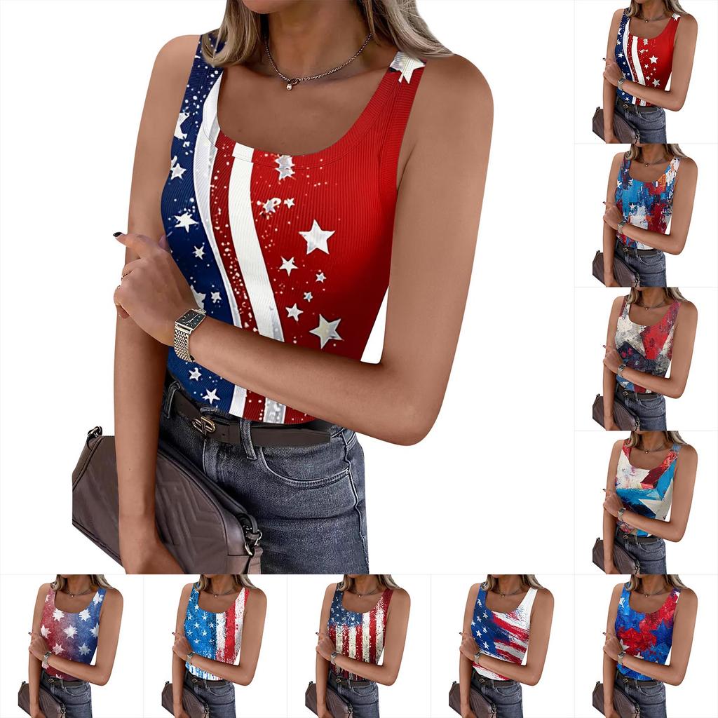 Women's Summer Fashionable Casual Independence Day Printed Round Neck Sleeveless Top Fitted Vest