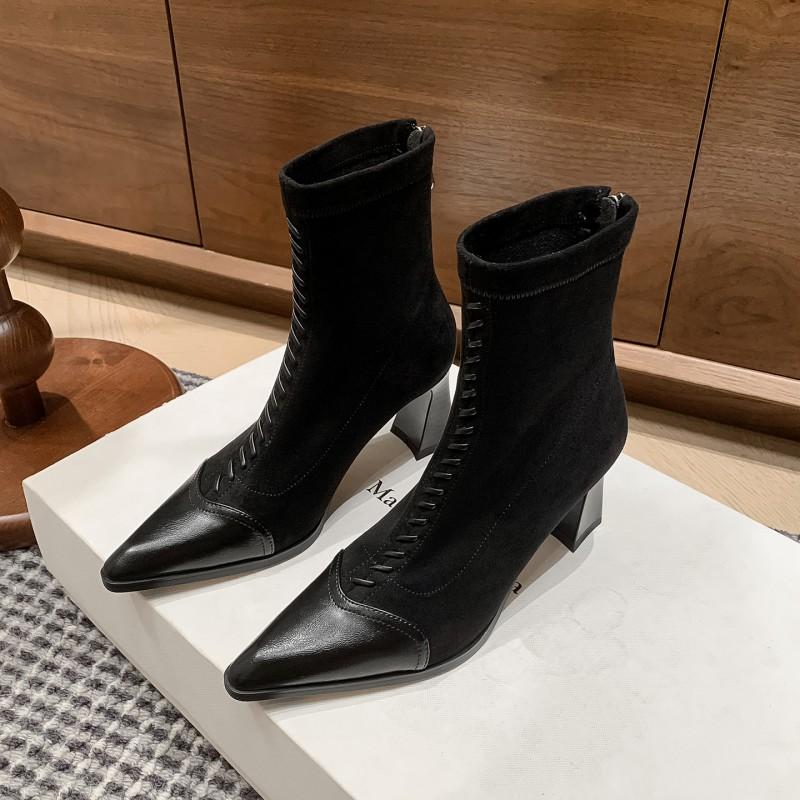 7CM Pointed Toe Chunky Heel Ankle Boots Women Slim Fit Back Zip Fall Winter
