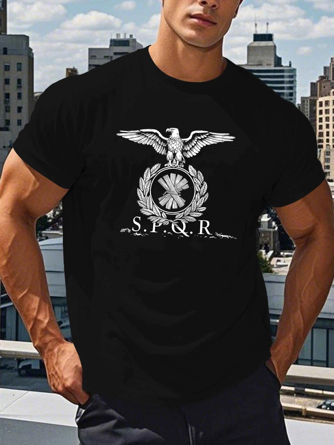 

Casual Graphic Print Round Neck T-shirt - Navy Blue Short Sleeve Tee with SPQR Eagle & Laurel Design M