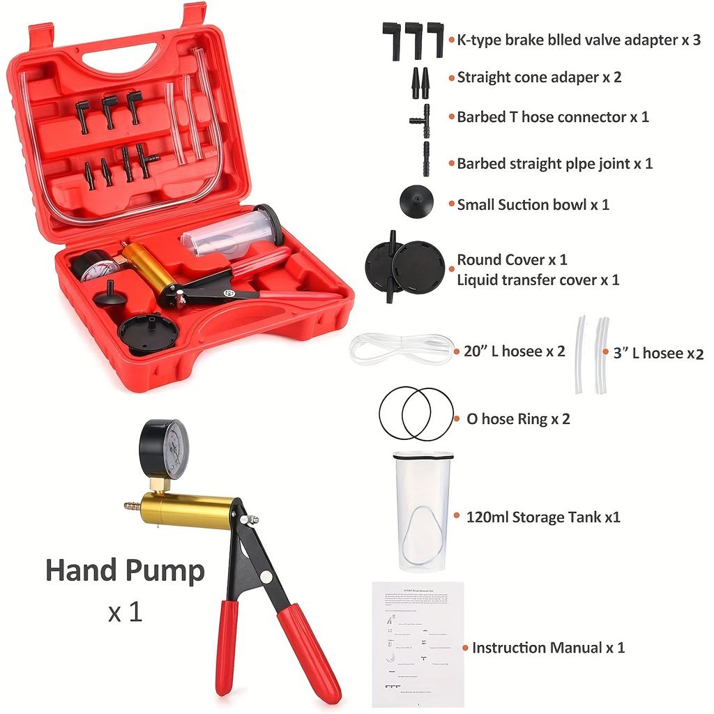 2in 1 Brake Bleeder Kit with Hand Vacuum Pump with Gauge Adapters Automotive Brake Fluid Bleeding Set with Protected Case