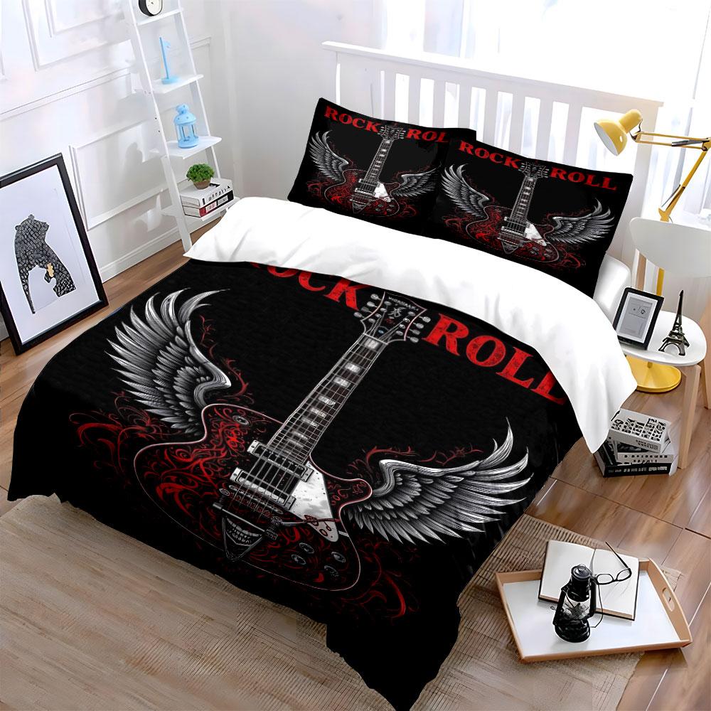 Guitar, wings, red flourishes. Bedding sets Duvet cover sets Duvet covers Pillowcases(1 * Duvet Cover 2 * Pillowcases without duvet insert)