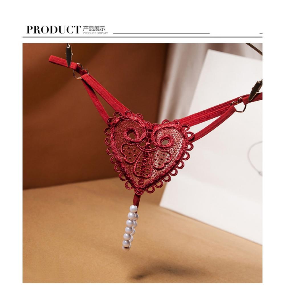 Retro Pearl Love Embellished Thong Female Sexy Erotic Ultra-thin Underwear Low Waist Beaded Seduction Girl 2253