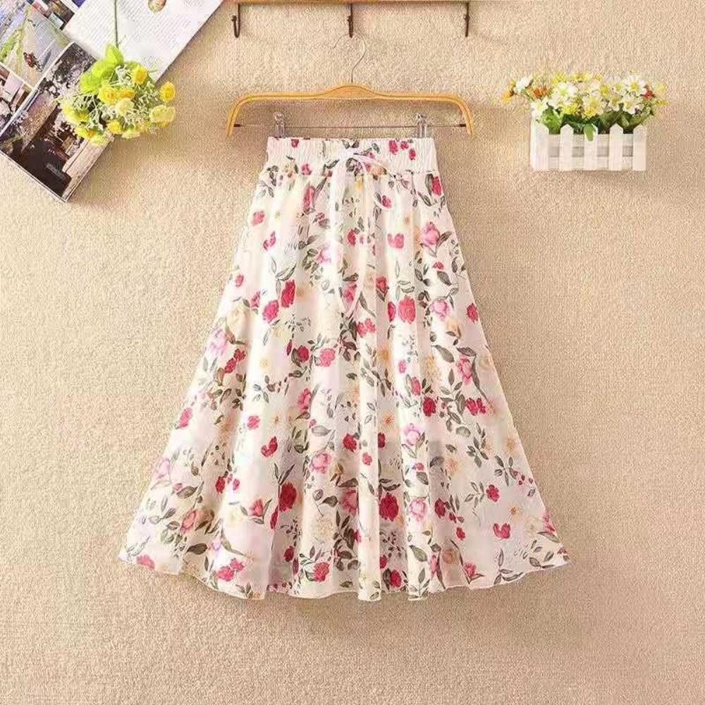 Qooth Women A Line Flower Chiffon Skirt Wide Hem Mid Length Elastic Waist Casual Skirt QT2665