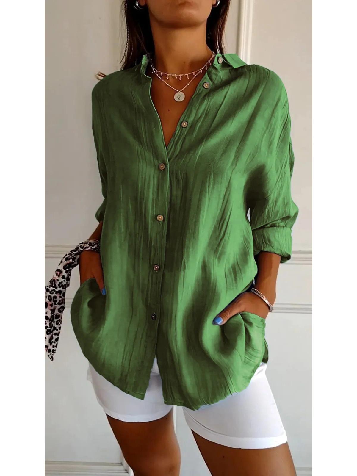 

2026 Women s Solid Pleated Lapel Shirt with Roll-Up Sleeves S