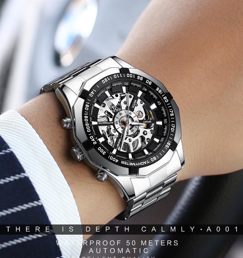 Mechanical Watch Men Black Gold Light Luxury Brand Business Waterproof Tourbillon Hollow Waterproof Male Fashion Clock Watches