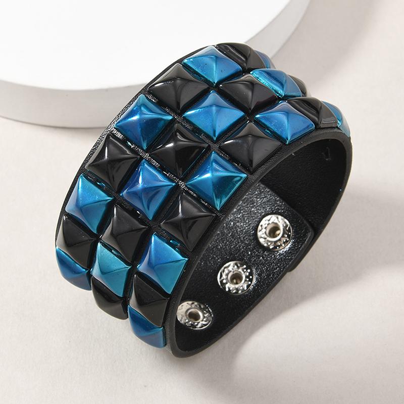 Punk Hip-Hop Three Rows Of Square Rivets Pu Leather Big Wide Bracelet For Male Female Buckle Wristband Vintage Jewelry