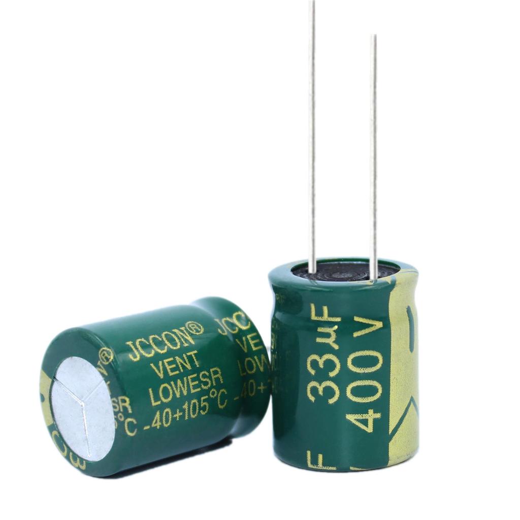 JCCON High-Frequency Low-ESR 33µF 400V Capacitor for Switching Power Supplies, Green Gold, Size 13x21mm 16x20mm.
