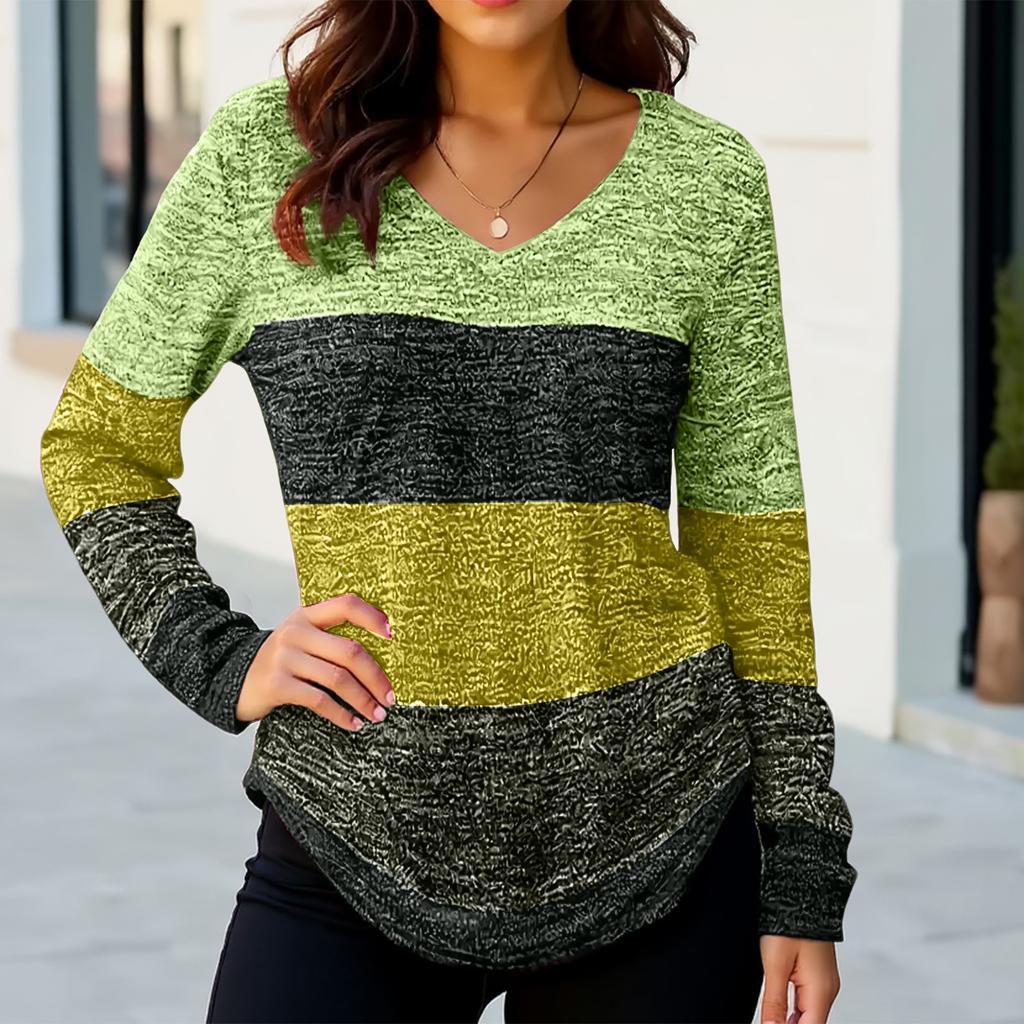 Women's Color Blocked Casual Fashion Long Sleeved V-neck T-shirt Top