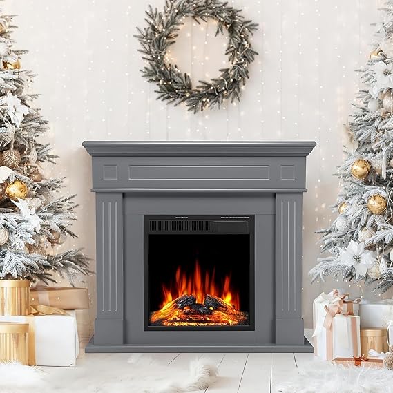 43 Inch Fireplace TV Stand with Mantel - Electric Fireplace Heater, Wooden Entertainment Center, Adjustable LED Flame, Freestand